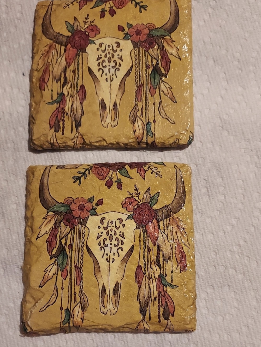 Boho Bull Skull Decorative Slate Coasters - Yellow with Floral Accents